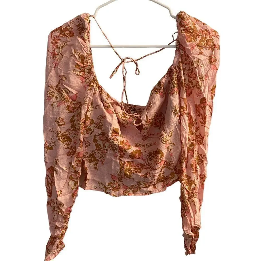 Free People Top NWT‎ Women's S Pink Floral Duo Long Sleeve Crop Smocked Romantic